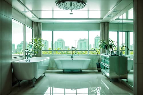 photo from pinterest of retro futuristic-style interior designed (hotel bathroom interior) with mirror and plant and bath towel and shower and bathtub and bathroom cabinet and toilet seat and bathroom sink with faucet. . with neutral background and bright accents and steel finishing and light colors and futuristic interior and floating surfaces and glass panes and circular shapes and minimalist clean lines. . cinematic photo, highly detailed, cinematic lighting, ultra-detailed, ultrarealistic, photorealism, 8k. trending on pinterest. retro futuristic interior design style. masterpiece, cinematic light, ultrarealistic+, photorealistic+, 8k, raw photo, realistic, sharp focus on eyes, (symmetrical eyes), (intact eyes), hyperrealistic, highest quality, best quality, , highly detailed, masterpiece, best quality, extremely detailed 8k wallpaper, masterpiece, best quality, ultra-detailed, best shadow, detailed background, detailed face, detailed eyes, high contrast, best illumination, detailed face, dulux, caustic, dynamic angle, detailed glow. dramatic lighting. highly detailed, insanely detailed hair, symmetrical, intricate details, professionally retouched, 8k high definition. strong bokeh. award winning photo.
