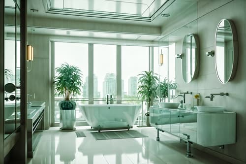 photo from pinterest of retro futuristic-style interior designed (hotel bathroom interior) with mirror and plant and bath towel and shower and bathtub and bathroom cabinet and toilet seat and bathroom sink with faucet. . with neutral background and bright accents and steel finishing and light colors and futuristic interior and floating surfaces and glass panes and circular shapes and minimalist clean lines. . cinematic photo, highly detailed, cinematic lighting, ultra-detailed, ultrarealistic, photorealism, 8k. trending on pinterest. retro futuristic interior design style. masterpiece, cinematic light, ultrarealistic+, photorealistic+, 8k, raw photo, realistic, sharp focus on eyes, (symmetrical eyes), (intact eyes), hyperrealistic, highest quality, best quality, , highly detailed, masterpiece, best quality, extremely detailed 8k wallpaper, masterpiece, best quality, ultra-detailed, best shadow, detailed background, detailed face, detailed eyes, high contrast, best illumination, detailed face, dulux, caustic, dynamic angle, detailed glow. dramatic lighting. highly detailed, insanely detailed hair, symmetrical, intricate details, professionally retouched, 8k high definition. strong bokeh. award winning photo.