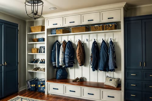 photo from pinterest of nautical-style interior designed (drop zone interior) with a bench and wall hooks for coats and storage drawers and high up storage and cabinets and storage baskets and shelves for shoes and lockers. . . cinematic photo, highly detailed, cinematic lighting, ultra-detailed, ultrarealistic, photorealism, 8k. trending on pinterest. nautical interior design style. masterpiece, cinematic light, ultrarealistic+, photorealistic+, 8k, raw photo, realistic, sharp focus on eyes, (symmetrical eyes), (intact eyes), hyperrealistic, highest quality, best quality, , highly detailed, masterpiece, best quality, extremely detailed 8k wallpaper, masterpiece, best quality, ultra-detailed, best shadow, detailed background, detailed face, detailed eyes, high contrast, best illumination, detailed face, dulux, caustic, dynamic angle, detailed glow. dramatic lighting. highly detailed, insanely detailed hair, symmetrical, intricate details, professionally retouched, 8k high definition. strong bokeh. award winning photo.
