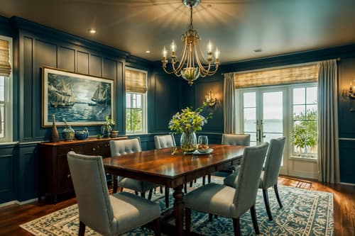 photo from pinterest of nautical-style interior designed (dining room interior) with painting or photo on wall and dining table chairs and dining table and table cloth and light or chandelier and plant and bookshelves and vase. . . cinematic photo, highly detailed, cinematic lighting, ultra-detailed, ultrarealistic, photorealism, 8k. trending on pinterest. nautical interior design style. masterpiece, cinematic light, ultrarealistic+, photorealistic+, 8k, raw photo, realistic, sharp focus on eyes, (symmetrical eyes), (intact eyes), hyperrealistic, highest quality, best quality, , highly detailed, masterpiece, best quality, extremely detailed 8k wallpaper, masterpiece, best quality, ultra-detailed, best shadow, detailed background, detailed face, detailed eyes, high contrast, best illumination, detailed face, dulux, caustic, dynamic angle, detailed glow. dramatic lighting. highly detailed, insanely detailed hair, symmetrical, intricate details, professionally retouched, 8k high definition. strong bokeh. award winning photo.