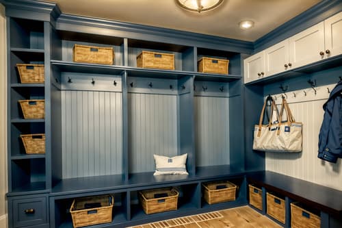photo from pinterest of nautical-style interior designed (mudroom interior) with a bench and cubbies and storage drawers and wall hooks for coats and cabinets and shelves for shoes and storage baskets and high up storage. . . cinematic photo, highly detailed, cinematic lighting, ultra-detailed, ultrarealistic, photorealism, 8k. trending on pinterest. nautical interior design style. masterpiece, cinematic light, ultrarealistic+, photorealistic+, 8k, raw photo, realistic, sharp focus on eyes, (symmetrical eyes), (intact eyes), hyperrealistic, highest quality, best quality, , highly detailed, masterpiece, best quality, extremely detailed 8k wallpaper, masterpiece, best quality, ultra-detailed, best shadow, detailed background, detailed face, detailed eyes, high contrast, best illumination, detailed face, dulux, caustic, dynamic angle, detailed glow. dramatic lighting. highly detailed, insanely detailed hair, symmetrical, intricate details, professionally retouched, 8k high definition. strong bokeh. award winning photo.