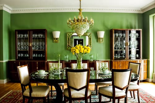 photo from pinterest of art deco-style interior designed (dining room interior) with plates, cutlery and glasses on dining table and plant and dining table chairs and bookshelves and vase and table cloth and painting or photo on wall and light or chandelier. . with exuberant shapes and decadent detail and geometric lines and glamour and symmetrical designs and rich colors and luxury and bright and cheerful colors. . cinematic photo, highly detailed, cinematic lighting, ultra-detailed, ultrarealistic, photorealism, 8k. trending on pinterest. art deco interior design style. masterpiece, cinematic light, ultrarealistic+, photorealistic+, 8k, raw photo, realistic, sharp focus on eyes, (symmetrical eyes), (intact eyes), hyperrealistic, highest quality, best quality, , highly detailed, masterpiece, best quality, extremely detailed 8k wallpaper, masterpiece, best quality, ultra-detailed, best shadow, detailed background, detailed face, detailed eyes, high contrast, best illumination, detailed face, dulux, caustic, dynamic angle, detailed glow. dramatic lighting. highly detailed, insanely detailed hair, symmetrical, intricate details, professionally retouched, 8k high definition. strong bokeh. award winning photo.