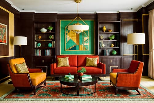photo from pinterest of art deco-style interior designed (living room interior) with chairs and electric lamps and sofa and televisions and bookshelves and furniture and plant and rug. . with rich colors and stream-lined forms and abstract patterns and symmetrical designs and angular shapes and geometric lines and luxury and bright and cheerful colors. . cinematic photo, highly detailed, cinematic lighting, ultra-detailed, ultrarealistic, photorealism, 8k. trending on pinterest. art deco interior design style. masterpiece, cinematic light, ultrarealistic+, photorealistic+, 8k, raw photo, realistic, sharp focus on eyes, (symmetrical eyes), (intact eyes), hyperrealistic, highest quality, best quality, , highly detailed, masterpiece, best quality, extremely detailed 8k wallpaper, masterpiece, best quality, ultra-detailed, best shadow, detailed background, detailed face, detailed eyes, high contrast, best illumination, detailed face, dulux, caustic, dynamic angle, detailed glow. dramatic lighting. highly detailed, insanely detailed hair, symmetrical, intricate details, professionally retouched, 8k high definition. strong bokeh. award winning photo.
