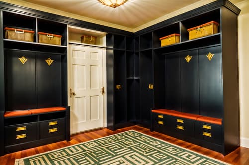 photo from pinterest of art deco-style interior designed (mudroom interior) with shelves for shoes and cabinets and storage drawers and cubbies and a bench and storage baskets and wall hooks for coats and high up storage. . with luxury and angular shapes and glamour and geometric lines and geometric shapes and symmetrical designs and bright and cheerful colors and decadent detail. . cinematic photo, highly detailed, cinematic lighting, ultra-detailed, ultrarealistic, photorealism, 8k. trending on pinterest. art deco interior design style. masterpiece, cinematic light, ultrarealistic+, photorealistic+, 8k, raw photo, realistic, sharp focus on eyes, (symmetrical eyes), (intact eyes), hyperrealistic, highest quality, best quality, , highly detailed, masterpiece, best quality, extremely detailed 8k wallpaper, masterpiece, best quality, ultra-detailed, best shadow, detailed background, detailed face, detailed eyes, high contrast, best illumination, detailed face, dulux, caustic, dynamic angle, detailed glow. dramatic lighting. highly detailed, insanely detailed hair, symmetrical, intricate details, professionally retouched, 8k high definition. strong bokeh. award winning photo.