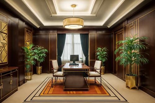 photo from pinterest of art deco-style interior designed (office interior) with plants and windows and office desks and lounge chairs and desk lamps and cabinets and seating area with sofa and office chairs. . with angular shapes and bold geometry and symmetrical designs and geometric shapes and decadent detail and rich colors and stream-lined forms and abstract patterns. . cinematic photo, highly detailed, cinematic lighting, ultra-detailed, ultrarealistic, photorealism, 8k. trending on pinterest. art deco interior design style. masterpiece, cinematic light, ultrarealistic+, photorealistic+, 8k, raw photo, realistic, sharp focus on eyes, (symmetrical eyes), (intact eyes), hyperrealistic, highest quality, best quality, , highly detailed, masterpiece, best quality, extremely detailed 8k wallpaper, masterpiece, best quality, ultra-detailed, best shadow, detailed background, detailed face, detailed eyes, high contrast, best illumination, detailed face, dulux, caustic, dynamic angle, detailed glow. dramatic lighting. highly detailed, insanely detailed hair, symmetrical, intricate details, professionally retouched, 8k high definition. strong bokeh. award winning photo.