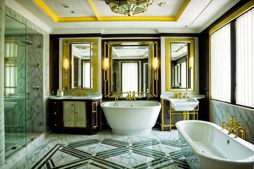 photo from pinterest of art deco-style interior designed (hotel bathroom interior) with waste basket and bathtub and mirror and toilet seat and shower and bathroom sink with faucet and bathroom cabinet and bath towel. . with abstract patterns and luxury and bold geometry and glamour and bright and cheerful colors and stream-lined forms and geometric lines and decadent detail. . cinematic photo, highly detailed, cinematic lighting, ultra-detailed, ultrarealistic, photorealism, 8k. trending on pinterest. art deco interior design style. masterpiece, cinematic light, ultrarealistic+, photorealistic+, 8k, raw photo, realistic, sharp focus on eyes, (symmetrical eyes), (intact eyes), hyperrealistic, highest quality, best quality, , highly detailed, masterpiece, best quality, extremely detailed 8k wallpaper, masterpiece, best quality, ultra-detailed, best shadow, detailed background, detailed face, detailed eyes, high contrast, best illumination, detailed face, dulux, caustic, dynamic angle, detailed glow. dramatic lighting. highly detailed, insanely detailed hair, symmetrical, intricate details, professionally retouched, 8k high definition. strong bokeh. award winning photo.
