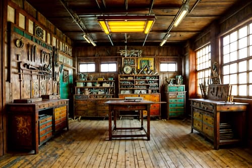 photo from pinterest of art deco-style interior designed (workshop interior) with wooden workbench and messy and tool wall and wooden workbench. . with abstract patterns and glamour and bright and cheerful colors and rich colors and stream-lined forms and bold geometry and symmetrical designs and smooth lines. . cinematic photo, highly detailed, cinematic lighting, ultra-detailed, ultrarealistic, photorealism, 8k. trending on pinterest. art deco interior design style. masterpiece, cinematic light, ultrarealistic+, photorealistic+, 8k, raw photo, realistic, sharp focus on eyes, (symmetrical eyes), (intact eyes), hyperrealistic, highest quality, best quality, , highly detailed, masterpiece, best quality, extremely detailed 8k wallpaper, masterpiece, best quality, ultra-detailed, best shadow, detailed background, detailed face, detailed eyes, high contrast, best illumination, detailed face, dulux, caustic, dynamic angle, detailed glow. dramatic lighting. highly detailed, insanely detailed hair, symmetrical, intricate details, professionally retouched, 8k high definition. strong bokeh. award winning photo.