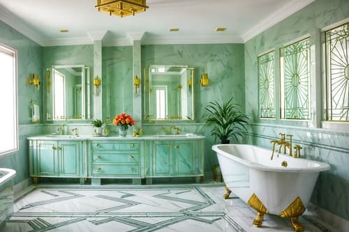 photo from pinterest of art deco-style interior designed (bathroom interior) with shower and waste basket and plant and mirror and bathtub and bathroom sink with faucet and bath rail and bathroom cabinet. . with symmetrical designs and angular shapes and bright and cheerful colors and glamour and geometric shapes and bold geometry and exuberant shapes and smooth lines. . cinematic photo, highly detailed, cinematic lighting, ultra-detailed, ultrarealistic, photorealism, 8k. trending on pinterest. art deco interior design style. masterpiece, cinematic light, ultrarealistic+, photorealistic+, 8k, raw photo, realistic, sharp focus on eyes, (symmetrical eyes), (intact eyes), hyperrealistic, highest quality, best quality, , highly detailed, masterpiece, best quality, extremely detailed 8k wallpaper, masterpiece, best quality, ultra-detailed, best shadow, detailed background, detailed face, detailed eyes, high contrast, best illumination, detailed face, dulux, caustic, dynamic angle, detailed glow. dramatic lighting. highly detailed, insanely detailed hair, symmetrical, intricate details, professionally retouched, 8k high definition. strong bokeh. award winning photo.