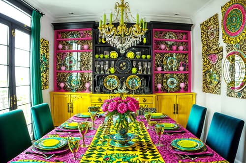 photo from pinterest of maximalist-style interior designed (dining room interior) with plates, cutlery and glasses on dining table and dining table and table cloth and painting or photo on wall and vase and dining table chairs and light or chandelier and bookshelves. . with more is more philosophy and bold colors and bold design and eye-catching and playful and vibrant and bold creativity and bold patterns. . cinematic photo, highly detailed, cinematic lighting, ultra-detailed, ultrarealistic, photorealism, 8k. trending on pinterest. maximalist interior design style. masterpiece, cinematic light, ultrarealistic+, photorealistic+, 8k, raw photo, realistic, sharp focus on eyes, (symmetrical eyes), (intact eyes), hyperrealistic, highest quality, best quality, , highly detailed, masterpiece, best quality, extremely detailed 8k wallpaper, masterpiece, best quality, ultra-detailed, best shadow, detailed background, detailed face, detailed eyes, high contrast, best illumination, detailed face, dulux, caustic, dynamic angle, detailed glow. dramatic lighting. highly detailed, insanely detailed hair, symmetrical, intricate details, professionally retouched, 8k high definition. strong bokeh. award winning photo.