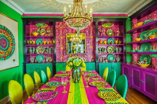 photo from pinterest of maximalist-style interior designed (dining room interior) with plates, cutlery and glasses on dining table and dining table and table cloth and painting or photo on wall and vase and dining table chairs and light or chandelier and bookshelves. . with more is more philosophy and bold colors and bold design and eye-catching and playful and vibrant and bold creativity and bold patterns. . cinematic photo, highly detailed, cinematic lighting, ultra-detailed, ultrarealistic, photorealism, 8k. trending on pinterest. maximalist interior design style. masterpiece, cinematic light, ultrarealistic+, photorealistic+, 8k, raw photo, realistic, sharp focus on eyes, (symmetrical eyes), (intact eyes), hyperrealistic, highest quality, best quality, , highly detailed, masterpiece, best quality, extremely detailed 8k wallpaper, masterpiece, best quality, ultra-detailed, best shadow, detailed background, detailed face, detailed eyes, high contrast, best illumination, detailed face, dulux, caustic, dynamic angle, detailed glow. dramatic lighting. highly detailed, insanely detailed hair, symmetrical, intricate details, professionally retouched, 8k high definition. strong bokeh. award winning photo.