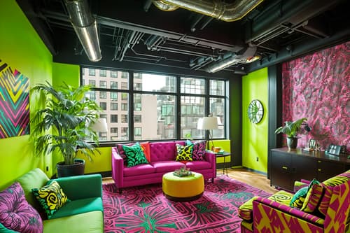 photo from pinterest of maximalist-style interior designed (office interior) with cabinets and plants and windows and computer desks and office desks and lounge chairs and desk lamps and seating area with sofa. . with vibrant and over-the-top aesthetic and more is more philosophy and eye-catching and bold creativity and bold colors and bold patterns and bold design. . cinematic photo, highly detailed, cinematic lighting, ultra-detailed, ultrarealistic, photorealism, 8k. trending on pinterest. maximalist interior design style. masterpiece, cinematic light, ultrarealistic+, photorealistic+, 8k, raw photo, realistic, sharp focus on eyes, (symmetrical eyes), (intact eyes), hyperrealistic, highest quality, best quality, , highly detailed, masterpiece, best quality, extremely detailed 8k wallpaper, masterpiece, best quality, ultra-detailed, best shadow, detailed background, detailed face, detailed eyes, high contrast, best illumination, detailed face, dulux, caustic, dynamic angle, detailed glow. dramatic lighting. highly detailed, insanely detailed hair, symmetrical, intricate details, professionally retouched, 8k high definition. strong bokeh. award winning photo.