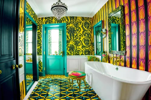 photo from pinterest of maximalist-style interior designed (hotel bathroom interior) with bathroom cabinet and mirror and waste basket and bathroom sink with faucet and bathtub and shower and plant and toilet seat. . with bold patterns and bold colors and more is more philosophy and eye-catching and over-the-top aesthetic and bold creativity and playful and bold design. . cinematic photo, highly detailed, cinematic lighting, ultra-detailed, ultrarealistic, photorealism, 8k. trending on pinterest. maximalist interior design style. masterpiece, cinematic light, ultrarealistic+, photorealistic+, 8k, raw photo, realistic, sharp focus on eyes, (symmetrical eyes), (intact eyes), hyperrealistic, highest quality, best quality, , highly detailed, masterpiece, best quality, extremely detailed 8k wallpaper, masterpiece, best quality, ultra-detailed, best shadow, detailed background, detailed face, detailed eyes, high contrast, best illumination, detailed face, dulux, caustic, dynamic angle, detailed glow. dramatic lighting. highly detailed, insanely detailed hair, symmetrical, intricate details, professionally retouched, 8k high definition. strong bokeh. award winning photo.