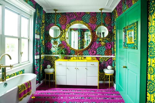 photo from pinterest of maximalist-style interior designed (hotel bathroom interior) with bathroom cabinet and mirror and waste basket and bathroom sink with faucet and bathtub and shower and plant and toilet seat. . with bold patterns and bold colors and more is more philosophy and eye-catching and over-the-top aesthetic and bold creativity and playful and bold design. . cinematic photo, highly detailed, cinematic lighting, ultra-detailed, ultrarealistic, photorealism, 8k. trending on pinterest. maximalist interior design style. masterpiece, cinematic light, ultrarealistic+, photorealistic+, 8k, raw photo, realistic, sharp focus on eyes, (symmetrical eyes), (intact eyes), hyperrealistic, highest quality, best quality, , highly detailed, masterpiece, best quality, extremely detailed 8k wallpaper, masterpiece, best quality, ultra-detailed, best shadow, detailed background, detailed face, detailed eyes, high contrast, best illumination, detailed face, dulux, caustic, dynamic angle, detailed glow. dramatic lighting. highly detailed, insanely detailed hair, symmetrical, intricate details, professionally retouched, 8k high definition. strong bokeh. award winning photo.