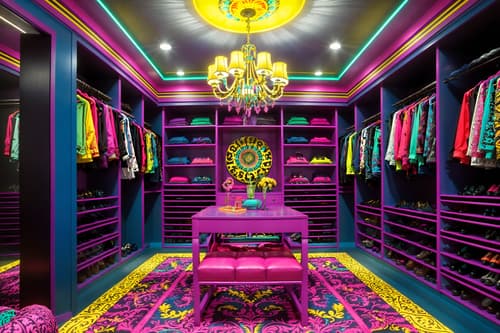 photo from pinterest of maximalist-style interior designed (walk in closet interior) . with over-the-top aesthetic and bold colors and playful and bold patterns and bold creativity and more is more philosophy and vibrant and bold design. . cinematic photo, highly detailed, cinematic lighting, ultra-detailed, ultrarealistic, photorealism, 8k. trending on pinterest. maximalist interior design style. masterpiece, cinematic light, ultrarealistic+, photorealistic+, 8k, raw photo, realistic, sharp focus on eyes, (symmetrical eyes), (intact eyes), hyperrealistic, highest quality, best quality, , highly detailed, masterpiece, best quality, extremely detailed 8k wallpaper, masterpiece, best quality, ultra-detailed, best shadow, detailed background, detailed face, detailed eyes, high contrast, best illumination, detailed face, dulux, caustic, dynamic angle, detailed glow. dramatic lighting. highly detailed, insanely detailed hair, symmetrical, intricate details, professionally retouched, 8k high definition. strong bokeh. award winning photo.