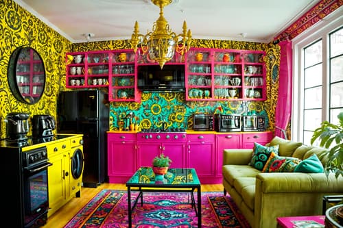 photo from pinterest of maximalist-style interior designed (kitchen living combo interior) with sink and stove and refrigerator and electric lamps and plant and bookshelves and televisions and coffee tables. . with over-the-top aesthetic and vibrant and bold creativity and bold colors and bold patterns and more is more philosophy and bold design and eye-catching. . cinematic photo, highly detailed, cinematic lighting, ultra-detailed, ultrarealistic, photorealism, 8k. trending on pinterest. maximalist interior design style. masterpiece, cinematic light, ultrarealistic+, photorealistic+, 8k, raw photo, realistic, sharp focus on eyes, (symmetrical eyes), (intact eyes), hyperrealistic, highest quality, best quality, , highly detailed, masterpiece, best quality, extremely detailed 8k wallpaper, masterpiece, best quality, ultra-detailed, best shadow, detailed background, detailed face, detailed eyes, high contrast, best illumination, detailed face, dulux, caustic, dynamic angle, detailed glow. dramatic lighting. highly detailed, insanely detailed hair, symmetrical, intricate details, professionally retouched, 8k high definition. strong bokeh. award winning photo.
