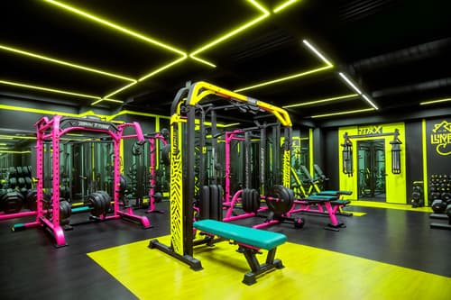 photo from pinterest of maximalist-style interior designed (fitness gym interior) with dumbbell stand and bench press and exercise bicycle and squat rack and crosstrainer and dumbbell stand. . with over-the-top aesthetic and bold design and vibrant and bold patterns and more is more philosophy and bold colors and eye-catching and playful. . cinematic photo, highly detailed, cinematic lighting, ultra-detailed, ultrarealistic, photorealism, 8k. trending on pinterest. maximalist interior design style. masterpiece, cinematic light, ultrarealistic+, photorealistic+, 8k, raw photo, realistic, sharp focus on eyes, (symmetrical eyes), (intact eyes), hyperrealistic, highest quality, best quality, , highly detailed, masterpiece, best quality, extremely detailed 8k wallpaper, masterpiece, best quality, ultra-detailed, best shadow, detailed background, detailed face, detailed eyes, high contrast, best illumination, detailed face, dulux, caustic, dynamic angle, detailed glow. dramatic lighting. highly detailed, insanely detailed hair, symmetrical, intricate details, professionally retouched, 8k high definition. strong bokeh. award winning photo.