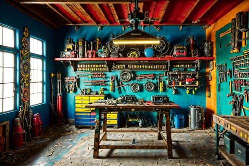 photo from pinterest of maximalist-style interior designed (workshop interior) with tool wall and wooden workbench and messy and tool wall. . with playful and over-the-top aesthetic and bold colors and bold patterns and vibrant and eye-catching and bold design and bold creativity. . cinematic photo, highly detailed, cinematic lighting, ultra-detailed, ultrarealistic, photorealism, 8k. trending on pinterest. maximalist interior design style. masterpiece, cinematic light, ultrarealistic+, photorealistic+, 8k, raw photo, realistic, sharp focus on eyes, (symmetrical eyes), (intact eyes), hyperrealistic, highest quality, best quality, , highly detailed, masterpiece, best quality, extremely detailed 8k wallpaper, masterpiece, best quality, ultra-detailed, best shadow, detailed background, detailed face, detailed eyes, high contrast, best illumination, detailed face, dulux, caustic, dynamic angle, detailed glow. dramatic lighting. highly detailed, insanely detailed hair, symmetrical, intricate details, professionally retouched, 8k high definition. strong bokeh. award winning photo.