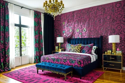 photo from pinterest of maximalist-style interior designed (bedroom interior) with mirror and bedside table or night stand and plant and dresser closet and bed and accent chair and night light and headboard. . with more is more philosophy and over-the-top aesthetic and playful and bold patterns and bold colors and bold creativity and bold design and vibrant. . cinematic photo, highly detailed, cinematic lighting, ultra-detailed, ultrarealistic, photorealism, 8k. trending on pinterest. maximalist interior design style. masterpiece, cinematic light, ultrarealistic+, photorealistic+, 8k, raw photo, realistic, sharp focus on eyes, (symmetrical eyes), (intact eyes), hyperrealistic, highest quality, best quality, , highly detailed, masterpiece, best quality, extremely detailed 8k wallpaper, masterpiece, best quality, ultra-detailed, best shadow, detailed background, detailed face, detailed eyes, high contrast, best illumination, detailed face, dulux, caustic, dynamic angle, detailed glow. dramatic lighting. highly detailed, insanely detailed hair, symmetrical, intricate details, professionally retouched, 8k high definition. strong bokeh. award winning photo.