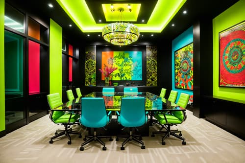 photo from pinterest of maximalist-style interior designed (meeting room interior) with glass walls and painting or photo on wall and boardroom table and cabinets and plant and glass doors and office chairs and vase. . with over-the-top aesthetic and vibrant and bold design and bold colors and playful and bold patterns and bold creativity and eye-catching. . cinematic photo, highly detailed, cinematic lighting, ultra-detailed, ultrarealistic, photorealism, 8k. trending on pinterest. maximalist interior design style. masterpiece, cinematic light, ultrarealistic+, photorealistic+, 8k, raw photo, realistic, sharp focus on eyes, (symmetrical eyes), (intact eyes), hyperrealistic, highest quality, best quality, , highly detailed, masterpiece, best quality, extremely detailed 8k wallpaper, masterpiece, best quality, ultra-detailed, best shadow, detailed background, detailed face, detailed eyes, high contrast, best illumination, detailed face, dulux, caustic, dynamic angle, detailed glow. dramatic lighting. highly detailed, insanely detailed hair, symmetrical, intricate details, professionally retouched, 8k high definition. strong bokeh. award winning photo.