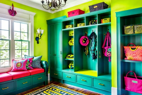 photo from pinterest of maximalist-style interior designed (mudroom interior) with high up storage and cabinets and a bench and wall hooks for coats and storage drawers and cubbies and shelves for shoes and storage baskets. . with more is more philosophy and bold design and vibrant and over-the-top aesthetic and eye-catching and bold colors and playful and bold patterns. . cinematic photo, highly detailed, cinematic lighting, ultra-detailed, ultrarealistic, photorealism, 8k. trending on pinterest. maximalist interior design style. masterpiece, cinematic light, ultrarealistic+, photorealistic+, 8k, raw photo, realistic, sharp focus on eyes, (symmetrical eyes), (intact eyes), hyperrealistic, highest quality, best quality, , highly detailed, masterpiece, best quality, extremely detailed 8k wallpaper, masterpiece, best quality, ultra-detailed, best shadow, detailed background, detailed face, detailed eyes, high contrast, best illumination, detailed face, dulux, caustic, dynamic angle, detailed glow. dramatic lighting. highly detailed, insanely detailed hair, symmetrical, intricate details, professionally retouched, 8k high definition. strong bokeh. award winning photo.