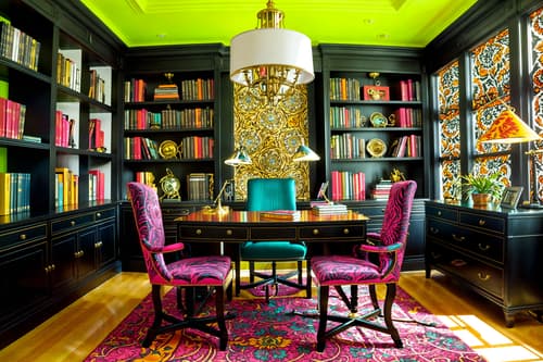 photo from pinterest of maximalist-style interior designed (study room interior) with desk lamp and bookshelves and lounge chair and cabinets and office chair and writing desk and plant and desk lamp. . with over-the-top aesthetic and playful and bold patterns and more is more philosophy and bold design and bold colors and vibrant and eye-catching. . cinematic photo, highly detailed, cinematic lighting, ultra-detailed, ultrarealistic, photorealism, 8k. trending on pinterest. maximalist interior design style. masterpiece, cinematic light, ultrarealistic+, photorealistic+, 8k, raw photo, realistic, sharp focus on eyes, (symmetrical eyes), (intact eyes), hyperrealistic, highest quality, best quality, , highly detailed, masterpiece, best quality, extremely detailed 8k wallpaper, masterpiece, best quality, ultra-detailed, best shadow, detailed background, detailed face, detailed eyes, high contrast, best illumination, detailed face, dulux, caustic, dynamic angle, detailed glow. dramatic lighting. highly detailed, insanely detailed hair, symmetrical, intricate details, professionally retouched, 8k high definition. strong bokeh. award winning photo.