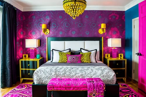 photo from pinterest of maximalist-style interior designed (hotel room interior) with bed and hotel bathroom and headboard and storage bench or ottoman and bedside table or night stand and dresser closet and night light and working desk with desk chair. . with bold patterns and playful and eye-catching and bold creativity and over-the-top aesthetic and bold design and vibrant and bold colors. . cinematic photo, highly detailed, cinematic lighting, ultra-detailed, ultrarealistic, photorealism, 8k. trending on pinterest. maximalist interior design style. masterpiece, cinematic light, ultrarealistic+, photorealistic+, 8k, raw photo, realistic, sharp focus on eyes, (symmetrical eyes), (intact eyes), hyperrealistic, highest quality, best quality, , highly detailed, masterpiece, best quality, extremely detailed 8k wallpaper, masterpiece, best quality, ultra-detailed, best shadow, detailed background, detailed face, detailed eyes, high contrast, best illumination, detailed face, dulux, caustic, dynamic angle, detailed glow. dramatic lighting. highly detailed, insanely detailed hair, symmetrical, intricate details, professionally retouched, 8k high definition. strong bokeh. award winning photo.