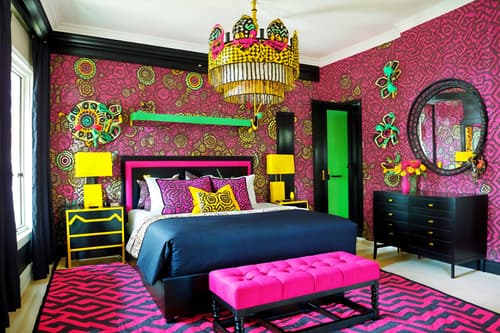 photo from pinterest of maximalist-style interior designed (hotel room interior) with bed and hotel bathroom and headboard and storage bench or ottoman and bedside table or night stand and dresser closet and night light and working desk with desk chair. . with bold patterns and playful and eye-catching and bold creativity and over-the-top aesthetic and bold design and vibrant and bold colors. . cinematic photo, highly detailed, cinematic lighting, ultra-detailed, ultrarealistic, photorealism, 8k. trending on pinterest. maximalist interior design style. masterpiece, cinematic light, ultrarealistic+, photorealistic+, 8k, raw photo, realistic, sharp focus on eyes, (symmetrical eyes), (intact eyes), hyperrealistic, highest quality, best quality, , highly detailed, masterpiece, best quality, extremely detailed 8k wallpaper, masterpiece, best quality, ultra-detailed, best shadow, detailed background, detailed face, detailed eyes, high contrast, best illumination, detailed face, dulux, caustic, dynamic angle, detailed glow. dramatic lighting. highly detailed, insanely detailed hair, symmetrical, intricate details, professionally retouched, 8k high definition. strong bokeh. award winning photo.