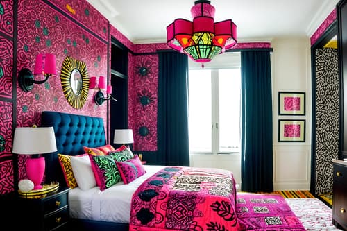 photo from pinterest of maximalist-style interior designed (hotel room interior) with bed and hotel bathroom and headboard and storage bench or ottoman and bedside table or night stand and dresser closet and night light and working desk with desk chair. . with bold patterns and playful and eye-catching and bold creativity and over-the-top aesthetic and bold design and vibrant and bold colors. . cinematic photo, highly detailed, cinematic lighting, ultra-detailed, ultrarealistic, photorealism, 8k. trending on pinterest. maximalist interior design style. masterpiece, cinematic light, ultrarealistic+, photorealistic+, 8k, raw photo, realistic, sharp focus on eyes, (symmetrical eyes), (intact eyes), hyperrealistic, highest quality, best quality, , highly detailed, masterpiece, best quality, extremely detailed 8k wallpaper, masterpiece, best quality, ultra-detailed, best shadow, detailed background, detailed face, detailed eyes, high contrast, best illumination, detailed face, dulux, caustic, dynamic angle, detailed glow. dramatic lighting. highly detailed, insanely detailed hair, symmetrical, intricate details, professionally retouched, 8k high definition. strong bokeh. award winning photo.