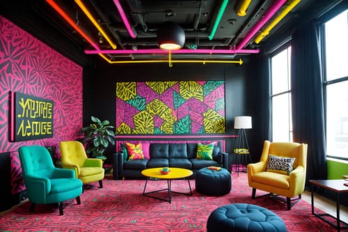 photo from pinterest of maximalist-style interior designed (coworking space interior) with office desks and lounge chairs and office chairs and seating area with sofa and office desks. . with bold creativity and bold patterns and more is more philosophy and bold colors and vibrant and bold design and over-the-top aesthetic and playful. . cinematic photo, highly detailed, cinematic lighting, ultra-detailed, ultrarealistic, photorealism, 8k. trending on pinterest. maximalist interior design style. masterpiece, cinematic light, ultrarealistic+, photorealistic+, 8k, raw photo, realistic, sharp focus on eyes, (symmetrical eyes), (intact eyes), hyperrealistic, highest quality, best quality, , highly detailed, masterpiece, best quality, extremely detailed 8k wallpaper, masterpiece, best quality, ultra-detailed, best shadow, detailed background, detailed face, detailed eyes, high contrast, best illumination, detailed face, dulux, caustic, dynamic angle, detailed glow. dramatic lighting. highly detailed, insanely detailed hair, symmetrical, intricate details, professionally retouched, 8k high definition. strong bokeh. award winning photo.