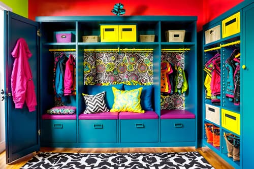 photo from pinterest of maximalist-style interior designed (drop zone interior) with storage baskets and a bench and lockers and cubbies and storage drawers and shelves for shoes and high up storage and wall hooks for coats. . with bold design and bold colors and over-the-top aesthetic and bold creativity and more is more philosophy and playful and bold patterns and vibrant. . cinematic photo, highly detailed, cinematic lighting, ultra-detailed, ultrarealistic, photorealism, 8k. trending on pinterest. maximalist interior design style. masterpiece, cinematic light, ultrarealistic+, photorealistic+, 8k, raw photo, realistic, sharp focus on eyes, (symmetrical eyes), (intact eyes), hyperrealistic, highest quality, best quality, , highly detailed, masterpiece, best quality, extremely detailed 8k wallpaper, masterpiece, best quality, ultra-detailed, best shadow, detailed background, detailed face, detailed eyes, high contrast, best illumination, detailed face, dulux, caustic, dynamic angle, detailed glow. dramatic lighting. highly detailed, insanely detailed hair, symmetrical, intricate details, professionally retouched, 8k high definition. strong bokeh. award winning photo.