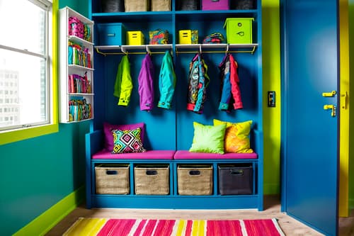photo from pinterest of maximalist-style interior designed (drop zone interior) with storage baskets and a bench and lockers and cubbies and storage drawers and shelves for shoes and high up storage and wall hooks for coats. . with bold design and bold colors and over-the-top aesthetic and bold creativity and more is more philosophy and playful and bold patterns and vibrant. . cinematic photo, highly detailed, cinematic lighting, ultra-detailed, ultrarealistic, photorealism, 8k. trending on pinterest. maximalist interior design style. masterpiece, cinematic light, ultrarealistic+, photorealistic+, 8k, raw photo, realistic, sharp focus on eyes, (symmetrical eyes), (intact eyes), hyperrealistic, highest quality, best quality, , highly detailed, masterpiece, best quality, extremely detailed 8k wallpaper, masterpiece, best quality, ultra-detailed, best shadow, detailed background, detailed face, detailed eyes, high contrast, best illumination, detailed face, dulux, caustic, dynamic angle, detailed glow. dramatic lighting. highly detailed, insanely detailed hair, symmetrical, intricate details, professionally retouched, 8k high definition. strong bokeh. award winning photo.