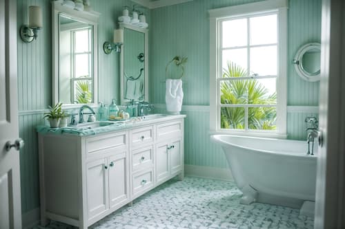 photo from pinterest of coastal-style interior designed (bathroom interior) with waste basket and mirror and bathroom sink with faucet and plant and bath rail and bathroom cabinet and bathtub and toilet seat. . with . . cinematic photo, highly detailed, cinematic lighting, ultra-detailed, ultrarealistic, photorealism, 8k. trending on pinterest. coastal interior design style. masterpiece, cinematic light, ultrarealistic+, photorealistic+, 8k, raw photo, realistic, sharp focus on eyes, (symmetrical eyes), (intact eyes), hyperrealistic, highest quality, best quality, , highly detailed, masterpiece, best quality, extremely detailed 8k wallpaper, masterpiece, best quality, ultra-detailed, best shadow, detailed background, detailed face, detailed eyes, high contrast, best illumination, detailed face, dulux, caustic, dynamic angle, detailed glow. dramatic lighting. highly detailed, insanely detailed hair, symmetrical, intricate details, professionally retouched, 8k high definition. strong bokeh. award winning photo.