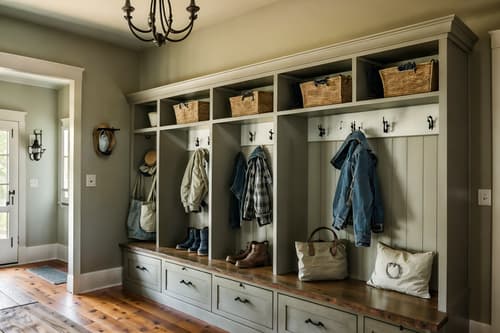 photo from pinterest of farmhouse-style interior designed (mudroom interior) with a bench and storage drawers and cubbies and shelves for shoes and wall hooks for coats and high up storage and storage baskets and cabinets. . with . . cinematic photo, highly detailed, cinematic lighting, ultra-detailed, ultrarealistic, photorealism, 8k. trending on pinterest. farmhouse interior design style. masterpiece, cinematic light, ultrarealistic+, photorealistic+, 8k, raw photo, realistic, sharp focus on eyes, (symmetrical eyes), (intact eyes), hyperrealistic, highest quality, best quality, , highly detailed, masterpiece, best quality, extremely detailed 8k wallpaper, masterpiece, best quality, ultra-detailed, best shadow, detailed background, detailed face, detailed eyes, high contrast, best illumination, detailed face, dulux, caustic, dynamic angle, detailed glow. dramatic lighting. highly detailed, insanely detailed hair, symmetrical, intricate details, professionally retouched, 8k high definition. strong bokeh. award winning photo.
