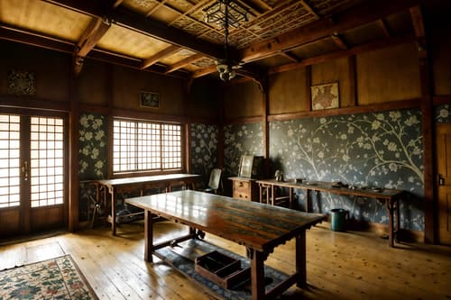 photo from pinterest of art nouveau-style interior designed (workshop interior) with wooden workbench and messy and tool wall and wooden workbench. . with japanese motifs and wallpaper patterns of stylized flowers and curved glass and ashy colors and natural materials and mosaics and wallpaper pattners of spider webs and arches and curved forms. . cinematic photo, highly detailed, cinematic lighting, ultra-detailed, ultrarealistic, photorealism, 8k. trending on pinterest. art nouveau interior design style. masterpiece, cinematic light, ultrarealistic+, photorealistic+, 8k, raw photo, realistic, sharp focus on eyes, (symmetrical eyes), (intact eyes), hyperrealistic, highest quality, best quality, , highly detailed, masterpiece, best quality, extremely detailed 8k wallpaper, masterpiece, best quality, ultra-detailed, best shadow, detailed background, detailed face, detailed eyes, high contrast, best illumination, detailed face, dulux, caustic, dynamic angle, detailed glow. dramatic lighting. highly detailed, insanely detailed hair, symmetrical, intricate details, professionally retouched, 8k high definition. strong bokeh. award winning photo.