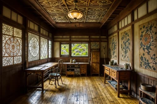 photo from pinterest of art nouveau-style interior designed (workshop interior) with wooden workbench and messy and tool wall and wooden workbench. . with japanese motifs and wallpaper patterns of stylized flowers and curved glass and ashy colors and natural materials and mosaics and wallpaper pattners of spider webs and arches and curved forms. . cinematic photo, highly detailed, cinematic lighting, ultra-detailed, ultrarealistic, photorealism, 8k. trending on pinterest. art nouveau interior design style. masterpiece, cinematic light, ultrarealistic+, photorealistic+, 8k, raw photo, realistic, sharp focus on eyes, (symmetrical eyes), (intact eyes), hyperrealistic, highest quality, best quality, , highly detailed, masterpiece, best quality, extremely detailed 8k wallpaper, masterpiece, best quality, ultra-detailed, best shadow, detailed background, detailed face, detailed eyes, high contrast, best illumination, detailed face, dulux, caustic, dynamic angle, detailed glow. dramatic lighting. highly detailed, insanely detailed hair, symmetrical, intricate details, professionally retouched, 8k high definition. strong bokeh. award winning photo.