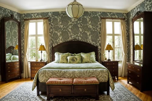 photo from pinterest of art nouveau-style interior designed (bedroom interior) with mirror and storage bench or ottoman and night light and plant and bed and dresser closet and bedside table or night stand and accent chair. . with asymmetrical shapes and wallpaper patterns of stylized flowers and arches and curved forms and wallpaper patterns of feathers and soft, rounded lines and ashy colors and stained glass and japanese motifs. . cinematic photo, highly detailed, cinematic lighting, ultra-detailed, ultrarealistic, photorealism, 8k. trending on pinterest. art nouveau interior design style. masterpiece, cinematic light, ultrarealistic+, photorealistic+, 8k, raw photo, realistic, sharp focus on eyes, (symmetrical eyes), (intact eyes), hyperrealistic, highest quality, best quality, , highly detailed, masterpiece, best quality, extremely detailed 8k wallpaper, masterpiece, best quality, ultra-detailed, best shadow, detailed background, detailed face, detailed eyes, high contrast, best illumination, detailed face, dulux, caustic, dynamic angle, detailed glow. dramatic lighting. highly detailed, insanely detailed hair, symmetrical, intricate details, professionally retouched, 8k high definition. strong bokeh. award winning photo.