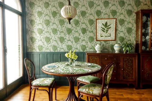 photo from pinterest of art nouveau-style interior designed (dining room interior) with plant and dining table chairs and plates, cutlery and glasses on dining table and table cloth and painting or photo on wall and vase and bookshelves and dining table. . with soft, rounded lines and wallpaper patterns of feathers and mosaics and japanese motifs and stained glass and curved glass and wallpaper patterns of stylized flowers and natural materials. . cinematic photo, highly detailed, cinematic lighting, ultra-detailed, ultrarealistic, photorealism, 8k. trending on pinterest. art nouveau interior design style. masterpiece, cinematic light, ultrarealistic+, photorealistic+, 8k, raw photo, realistic, sharp focus on eyes, (symmetrical eyes), (intact eyes), hyperrealistic, highest quality, best quality, , highly detailed, masterpiece, best quality, extremely detailed 8k wallpaper, masterpiece, best quality, ultra-detailed, best shadow, detailed background, detailed face, detailed eyes, high contrast, best illumination, detailed face, dulux, caustic, dynamic angle, detailed glow. dramatic lighting. highly detailed, insanely detailed hair, symmetrical, intricate details, professionally retouched, 8k high definition. strong bokeh. award winning photo.