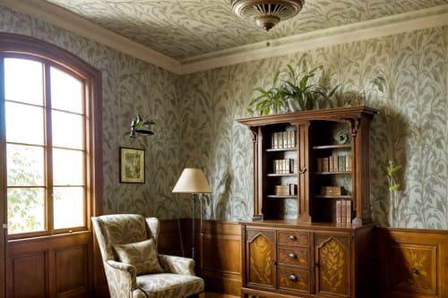 photo from pinterest of art nouveau-style interior designed (study room interior) with cabinets and writing desk and office chair and lounge chair and desk lamp and plant and bookshelves and cabinets. . with wallpaper patterns of feathers and wallpaper patterns of stylized flowers and arches and curved forms and ashy colors and natural materials and wallpaper pattners of spider webs and soft, rounded lines and curving, plant-like embellishments. . cinematic photo, highly detailed, cinematic lighting, ultra-detailed, ultrarealistic, photorealism, 8k. trending on pinterest. art nouveau interior design style. masterpiece, cinematic light, ultrarealistic+, photorealistic+, 8k, raw photo, realistic, sharp focus on eyes, (symmetrical eyes), (intact eyes), hyperrealistic, highest quality, best quality, , highly detailed, masterpiece, best quality, extremely detailed 8k wallpaper, masterpiece, best quality, ultra-detailed, best shadow, detailed background, detailed face, detailed eyes, high contrast, best illumination, detailed face, dulux, caustic, dynamic angle, detailed glow. dramatic lighting. highly detailed, insanely detailed hair, symmetrical, intricate details, professionally retouched, 8k high definition. strong bokeh. award winning photo.