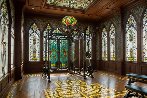 photo from pinterest of art nouveau-style interior designed (fitness gym interior) with squat rack and exercise bicycle and crosstrainer and bench press and dumbbell stand and squat rack. . with wallpaper patterns of feathers and curved glass and asymmetrical shapes and curving, plant-like embellishments and stained glass and stained glass and wallpaper pattners of spider webs and mosaics. . cinematic photo, highly detailed, cinematic lighting, ultra-detailed, ultrarealistic, photorealism, 8k. trending on pinterest. art nouveau interior design style. masterpiece, cinematic light, ultrarealistic+, photorealistic+, 8k, raw photo, realistic, sharp focus on eyes, (symmetrical eyes), (intact eyes), hyperrealistic, highest quality, best quality, , highly detailed, masterpiece, best quality, extremely detailed 8k wallpaper, masterpiece, best quality, ultra-detailed, best shadow, detailed background, detailed face, detailed eyes, high contrast, best illumination, detailed face, dulux, caustic, dynamic angle, detailed glow. dramatic lighting. highly detailed, insanely detailed hair, symmetrical, intricate details, professionally retouched, 8k high definition. strong bokeh. award winning photo.