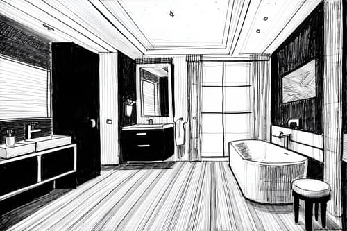(hand-drawn monochrome black and white sketch line drawing)++ of sketch-style interior designed (bathroom) apartment interior. a sketch of interior. with . . a sketch of interior. with bathroom cabinet and bathroom sink with faucet and bathtub. trending on artstation. black and white line drawing sketch without colors. masterpiece, cinematic light, ultrarealistic+, photorealistic+, 8k, raw photo, realistic, sharp focus on eyes, (symmetrical eyes), (intact eyes), hyperrealistic, highest quality, best quality, , highly detailed, masterpiece, best quality, extremely detailed 8k wallpaper, masterpiece, best quality, ultra-detailed, best shadow, detailed background, detailed face, detailed eyes, high contrast, best illumination, detailed face, dulux, caustic, dynamic angle, detailed glow. dramatic lighting. highly detailed, insanely detailed hair, symmetrical, intricate details, professionally retouched, 8k high definition. strong bokeh. award winning photo.
