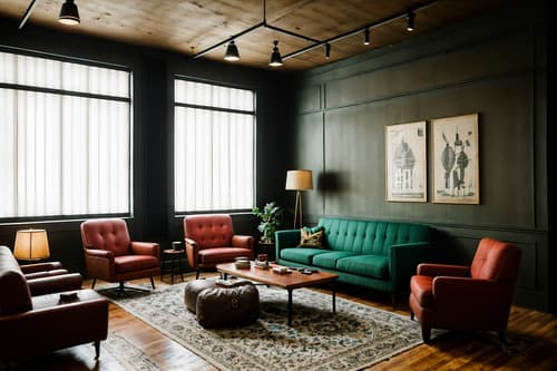 photo from pinterest of vintage-style interior designed (coworking space interior) with seating area with sofa and lounge chairs and office chairs and office desks and seating area with sofa. . with . . cinematic photo, highly detailed, cinematic lighting, ultra-detailed, ultrarealistic, photorealism, 8k. trending on pinterest. vintage interior design style. masterpiece, cinematic light, ultrarealistic+, photorealistic+, 8k, raw photo, realistic, sharp focus on eyes, (symmetrical eyes), (intact eyes), hyperrealistic, highest quality, best quality, , highly detailed, masterpiece, best quality, extremely detailed 8k wallpaper, masterpiece, best quality, ultra-detailed, best shadow, detailed background, detailed face, detailed eyes, high contrast, best illumination, detailed face, dulux, caustic, dynamic angle, detailed glow. dramatic lighting. highly detailed, insanely detailed hair, symmetrical, intricate details, professionally retouched, 8k high definition. strong bokeh. award winning photo.