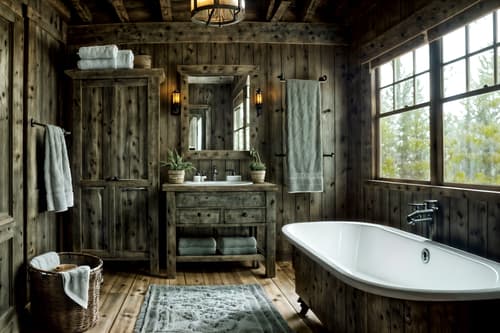 photo from pinterest of rustic-style interior designed (hotel bathroom interior) with bath rail and bathroom cabinet and plant and bath towel and toilet seat and waste basket and mirror and bathtub. . with . . cinematic photo, highly detailed, cinematic lighting, ultra-detailed, ultrarealistic, photorealism, 8k. trending on pinterest. rustic interior design style. masterpiece, cinematic light, ultrarealistic+, photorealistic+, 8k, raw photo, realistic, sharp focus on eyes, (symmetrical eyes), (intact eyes), hyperrealistic, highest quality, best quality, , highly detailed, masterpiece, best quality, extremely detailed 8k wallpaper, masterpiece, best quality, ultra-detailed, best shadow, detailed background, detailed face, detailed eyes, high contrast, best illumination, detailed face, dulux, caustic, dynamic angle, detailed glow. dramatic lighting. highly detailed, insanely detailed hair, symmetrical, intricate details, professionally retouched, 8k high definition. strong bokeh. award winning photo.