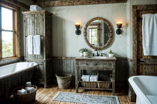 photo from pinterest of rustic-style interior designed (hotel bathroom interior) with bath rail and bathroom cabinet and plant and bath towel and toilet seat and waste basket and mirror and bathtub. . with . . cinematic photo, highly detailed, cinematic lighting, ultra-detailed, ultrarealistic, photorealism, 8k. trending on pinterest. rustic interior design style. masterpiece, cinematic light, ultrarealistic+, photorealistic+, 8k, raw photo, realistic, sharp focus on eyes, (symmetrical eyes), (intact eyes), hyperrealistic, highest quality, best quality, , highly detailed, masterpiece, best quality, extremely detailed 8k wallpaper, masterpiece, best quality, ultra-detailed, best shadow, detailed background, detailed face, detailed eyes, high contrast, best illumination, detailed face, dulux, caustic, dynamic angle, detailed glow. dramatic lighting. highly detailed, insanely detailed hair, symmetrical, intricate details, professionally retouched, 8k high definition. strong bokeh. award winning photo.