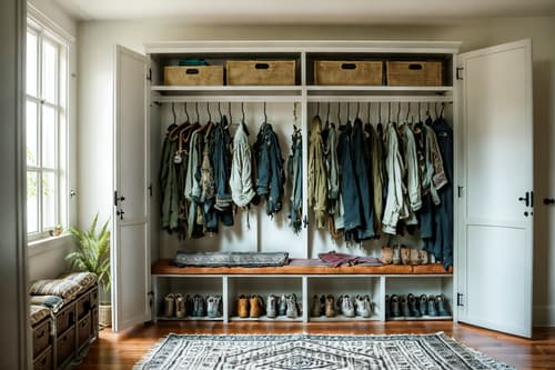 photo from pinterest of boho-chic-style interior designed (drop zone interior) with wall hooks for coats and storage drawers and a bench and storage baskets and high up storage and cabinets and shelves for shoes and lockers. . . cinematic photo, highly detailed, cinematic lighting, ultra-detailed, ultrarealistic, photorealism, 8k. trending on pinterest. boho-chic interior design style. masterpiece, cinematic light, ultrarealistic+, photorealistic+, 8k, raw photo, realistic, sharp focus on eyes, (symmetrical eyes), (intact eyes), hyperrealistic, highest quality, best quality, , highly detailed, masterpiece, best quality, extremely detailed 8k wallpaper, masterpiece, best quality, ultra-detailed, best shadow, detailed background, detailed face, detailed eyes, high contrast, best illumination, detailed face, dulux, caustic, dynamic angle, detailed glow. dramatic lighting. highly detailed, insanely detailed hair, symmetrical, intricate details, professionally retouched, 8k high definition. strong bokeh. award winning photo.