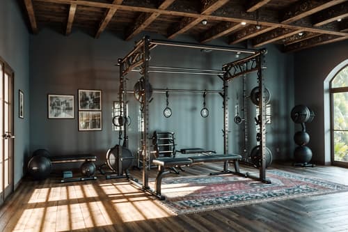 photo from pinterest of boho-chic-style interior designed (fitness gym interior) with bench press and crosstrainer and squat rack and dumbbell stand and exercise bicycle and bench press. . . cinematic photo, highly detailed, cinematic lighting, ultra-detailed, ultrarealistic, photorealism, 8k. trending on pinterest. boho-chic interior design style. masterpiece, cinematic light, ultrarealistic+, photorealistic+, 8k, raw photo, realistic, sharp focus on eyes, (symmetrical eyes), (intact eyes), hyperrealistic, highest quality, best quality, , highly detailed, masterpiece, best quality, extremely detailed 8k wallpaper, masterpiece, best quality, ultra-detailed, best shadow, detailed background, detailed face, detailed eyes, high contrast, best illumination, detailed face, dulux, caustic, dynamic angle, detailed glow. dramatic lighting. highly detailed, insanely detailed hair, symmetrical, intricate details, professionally retouched, 8k high definition. strong bokeh. award winning photo.
