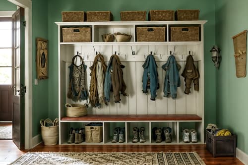 photo from pinterest of boho-chic-style interior designed (mudroom interior) with storage drawers and cubbies and shelves for shoes and high up storage and cabinets and wall hooks for coats and a bench and storage baskets. . . cinematic photo, highly detailed, cinematic lighting, ultra-detailed, ultrarealistic, photorealism, 8k. trending on pinterest. boho-chic interior design style. masterpiece, cinematic light, ultrarealistic+, photorealistic+, 8k, raw photo, realistic, sharp focus on eyes, (symmetrical eyes), (intact eyes), hyperrealistic, highest quality, best quality, , highly detailed, masterpiece, best quality, extremely detailed 8k wallpaper, masterpiece, best quality, ultra-detailed, best shadow, detailed background, detailed face, detailed eyes, high contrast, best illumination, detailed face, dulux, caustic, dynamic angle, detailed glow. dramatic lighting. highly detailed, insanely detailed hair, symmetrical, intricate details, professionally retouched, 8k high definition. strong bokeh. award winning photo.