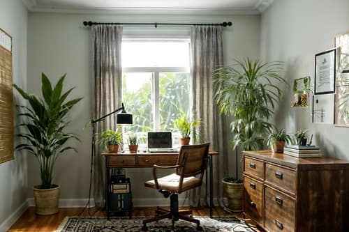 photo from pinterest of boho-chic-style interior designed (home office interior) with desk lamp and cabinets and computer desk and plant and office chair and desk lamp. . . cinematic photo, highly detailed, cinematic lighting, ultra-detailed, ultrarealistic, photorealism, 8k. trending on pinterest. boho-chic interior design style. masterpiece, cinematic light, ultrarealistic+, photorealistic+, 8k, raw photo, realistic, sharp focus on eyes, (symmetrical eyes), (intact eyes), hyperrealistic, highest quality, best quality, , highly detailed, masterpiece, best quality, extremely detailed 8k wallpaper, masterpiece, best quality, ultra-detailed, best shadow, detailed background, detailed face, detailed eyes, high contrast, best illumination, detailed face, dulux, caustic, dynamic angle, detailed glow. dramatic lighting. highly detailed, insanely detailed hair, symmetrical, intricate details, professionally retouched, 8k high definition. strong bokeh. award winning photo.