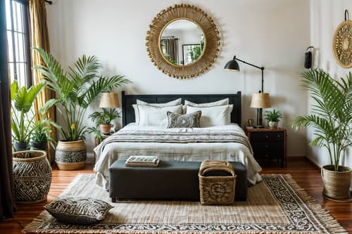 photo from pinterest of boho-chic-style interior designed (hotel room interior) with storage bench or ottoman and accent chair and working desk with desk chair and mirror and plant and night light and bed and headboard. . . cinematic photo, highly detailed, cinematic lighting, ultra-detailed, ultrarealistic, photorealism, 8k. trending on pinterest. boho-chic interior design style. masterpiece, cinematic light, ultrarealistic+, photorealistic+, 8k, raw photo, realistic, sharp focus on eyes, (symmetrical eyes), (intact eyes), hyperrealistic, highest quality, best quality, , highly detailed, masterpiece, best quality, extremely detailed 8k wallpaper, masterpiece, best quality, ultra-detailed, best shadow, detailed background, detailed face, detailed eyes, high contrast, best illumination, detailed face, dulux, caustic, dynamic angle, detailed glow. dramatic lighting. highly detailed, insanely detailed hair, symmetrical, intricate details, professionally retouched, 8k high definition. strong bokeh. award winning photo.