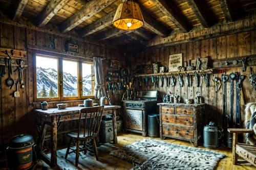 photo from pinterest of ski chalet-style interior designed (workshop interior) with messy and wooden workbench and tool wall and messy. . with exposed wood and animal furs and wooden walls and ski-themed decor and richly patterned fabrics and mountain-inspired and stone fireplace and exposed timber. . cinematic photo, highly detailed, cinematic lighting, ultra-detailed, ultrarealistic, photorealism, 8k. trending on pinterest. ski chalet interior design style. masterpiece, cinematic light, ultrarealistic+, photorealistic+, 8k, raw photo, realistic, sharp focus on eyes, (symmetrical eyes), (intact eyes), hyperrealistic, highest quality, best quality, , highly detailed, masterpiece, best quality, extremely detailed 8k wallpaper, masterpiece, best quality, ultra-detailed, best shadow, detailed background, detailed face, detailed eyes, high contrast, best illumination, detailed face, dulux, caustic, dynamic angle, detailed glow. dramatic lighting. highly detailed, insanely detailed hair, symmetrical, intricate details, professionally retouched, 8k high definition. strong bokeh. award winning photo.