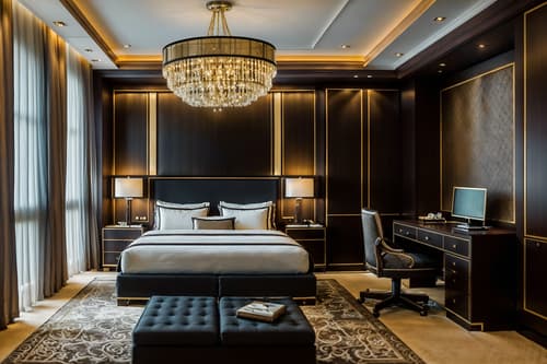 photo from pinterest of luxury-style interior designed (hotel room interior) with working desk with desk chair and dresser closet and storage bench or ottoman and bedside table or night stand and accent chair and night light and plant and bed. . . cinematic photo, highly detailed, cinematic lighting, ultra-detailed, ultrarealistic, photorealism, 8k. trending on pinterest. luxury interior design style. masterpiece, cinematic light, ultrarealistic+, photorealistic+, 8k, raw photo, realistic, sharp focus on eyes, (symmetrical eyes), (intact eyes), hyperrealistic, highest quality, best quality, , highly detailed, masterpiece, best quality, extremely detailed 8k wallpaper, masterpiece, best quality, ultra-detailed, best shadow, detailed background, detailed face, detailed eyes, high contrast, best illumination, detailed face, dulux, caustic, dynamic angle, detailed glow. dramatic lighting. highly detailed, insanely detailed hair, symmetrical, intricate details, professionally retouched, 8k high definition. strong bokeh. award winning photo.